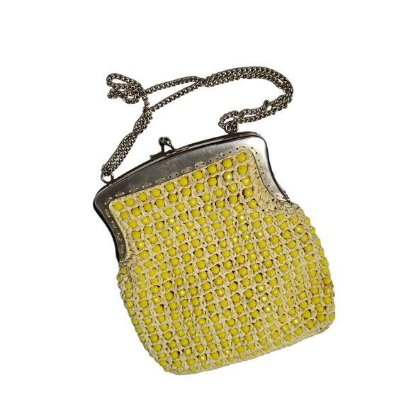 Vintage Retro Yellow Beaded Raffia Cross Body Chain Link Strap Bag Made in Italy - Picture 3 of 10